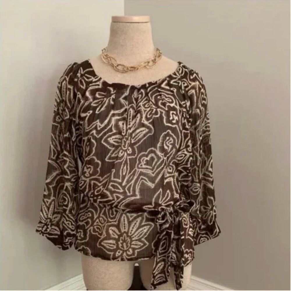 Ninety Sheer with Cami Blouse with tie Brown and Cream Colored Size Small